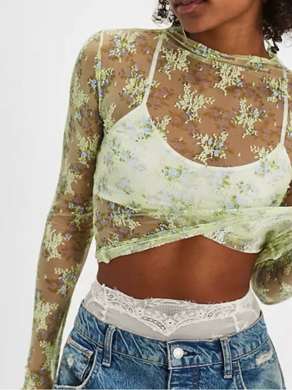 Nwt free people sheer Floral Mesh Long-Sleeve sz S